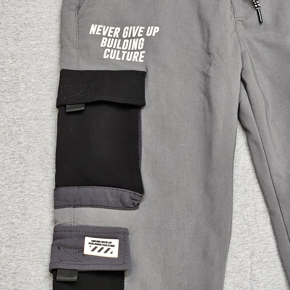Rock Mens Grey Graphic Cargo Joggers Streetwear Multi Pocket Pants Size M Gym